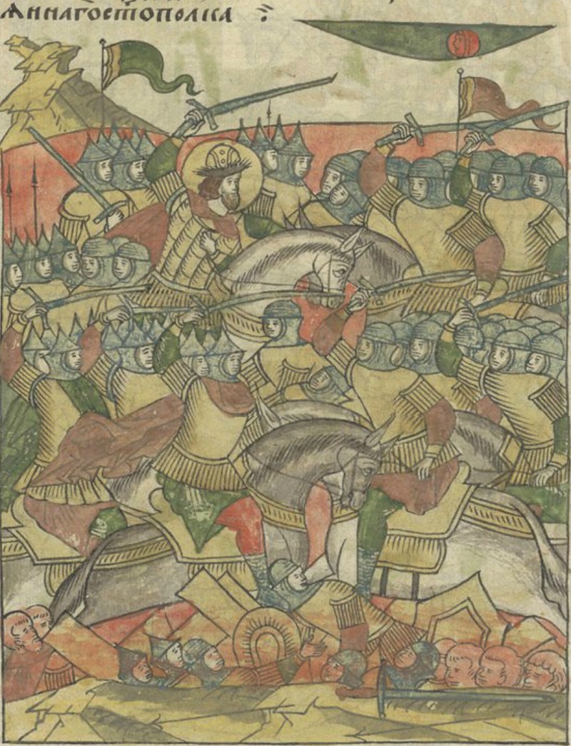 Князь Александр Невский в битве на Чудском озере. Миниатюра из Лицевого летописного свода